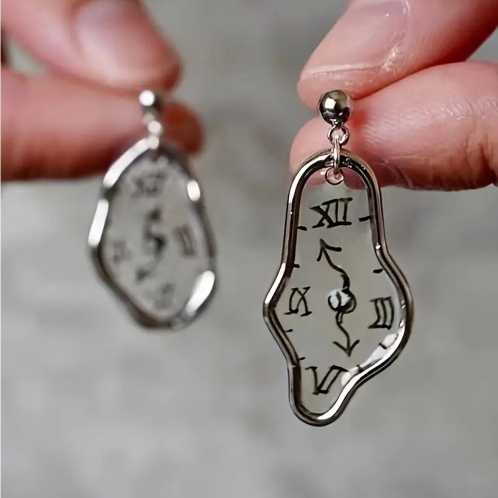 Silver Melting Clock Dangle Earrings